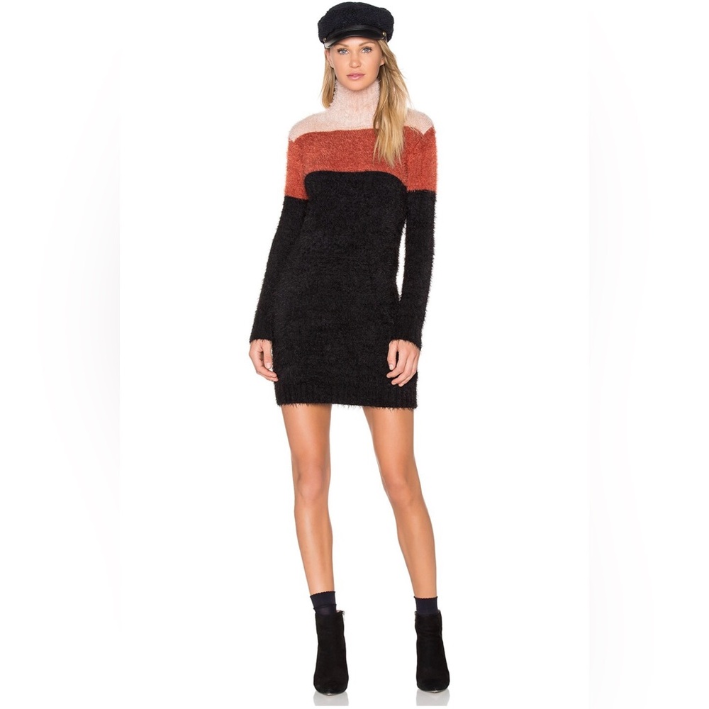 MINKPINK Snuggle Stripe Fuzzy Colorblock Sweater Dress M Mock Neck NWT